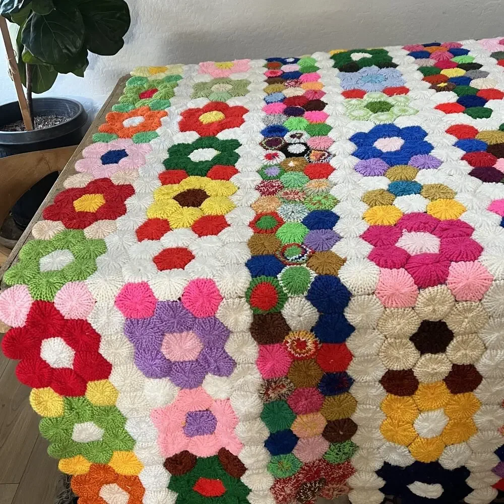 Vintage Grandmother's Flower Garden Crochet Afghan Blanket 79” x 84” Thick
